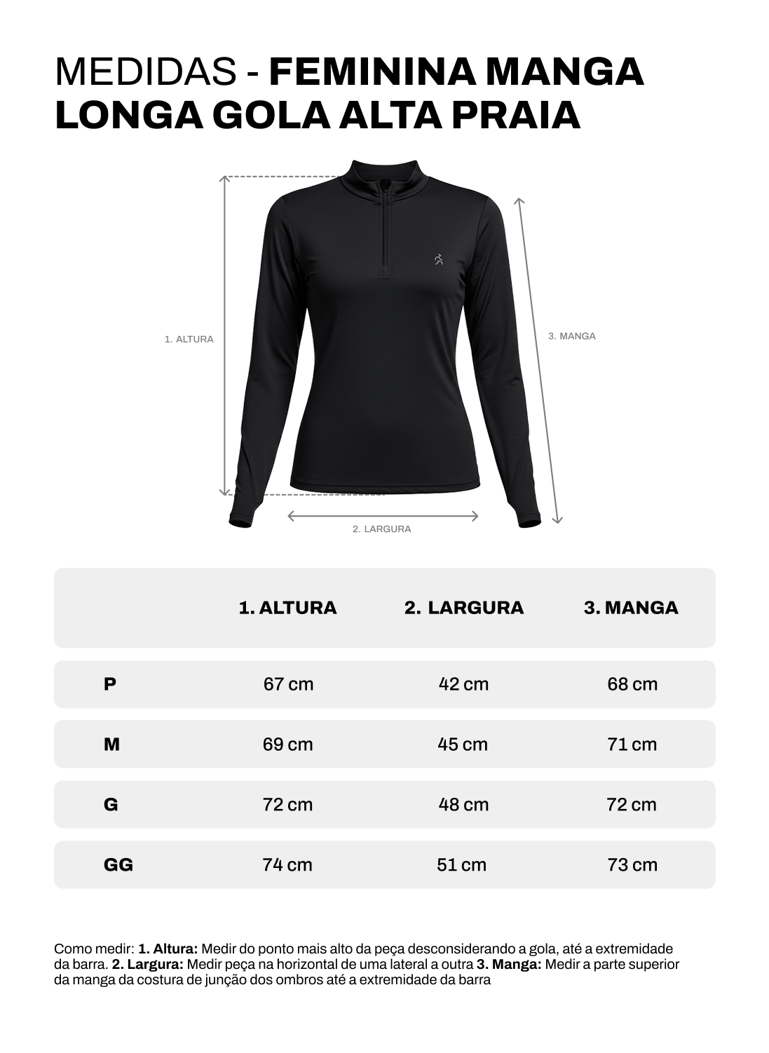 Tabela de medidas de Camisa Praia Manga Longa Gola Alta