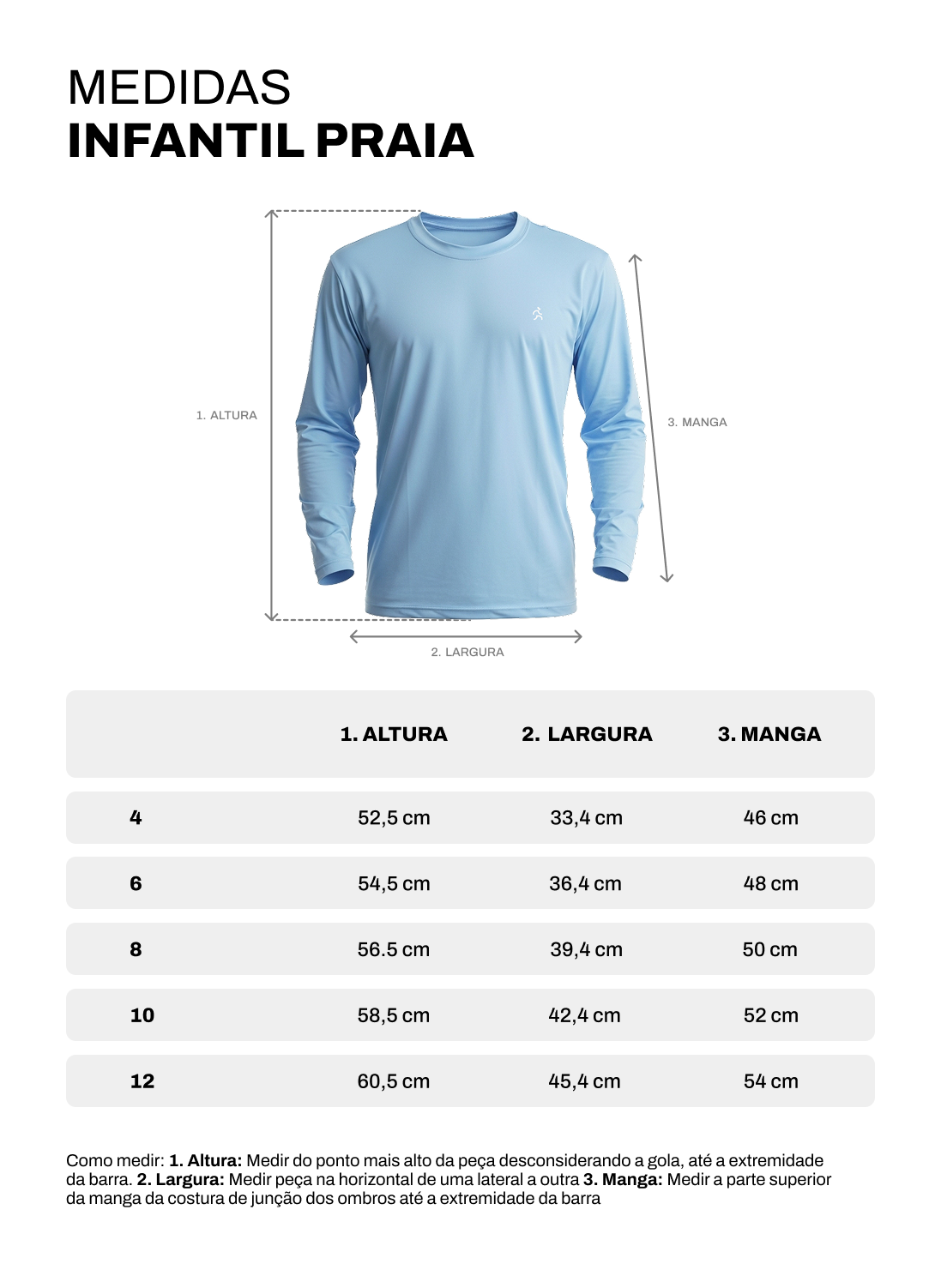 Tabela de medidas de Camisa Praia com QR Code de Identificação| Infantil | Unissex