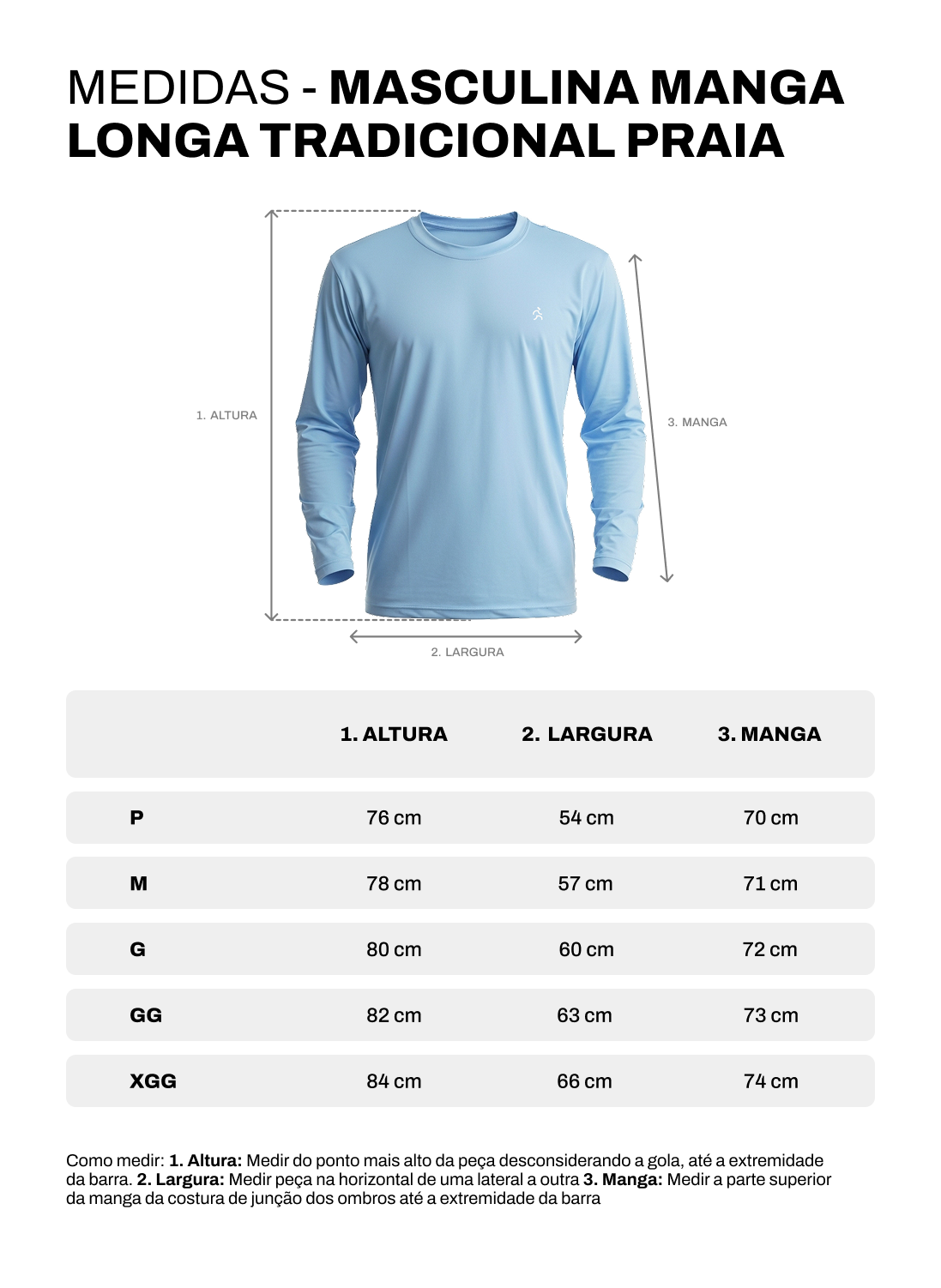 Tabela de medidas de Camisa Praia Manga Longa